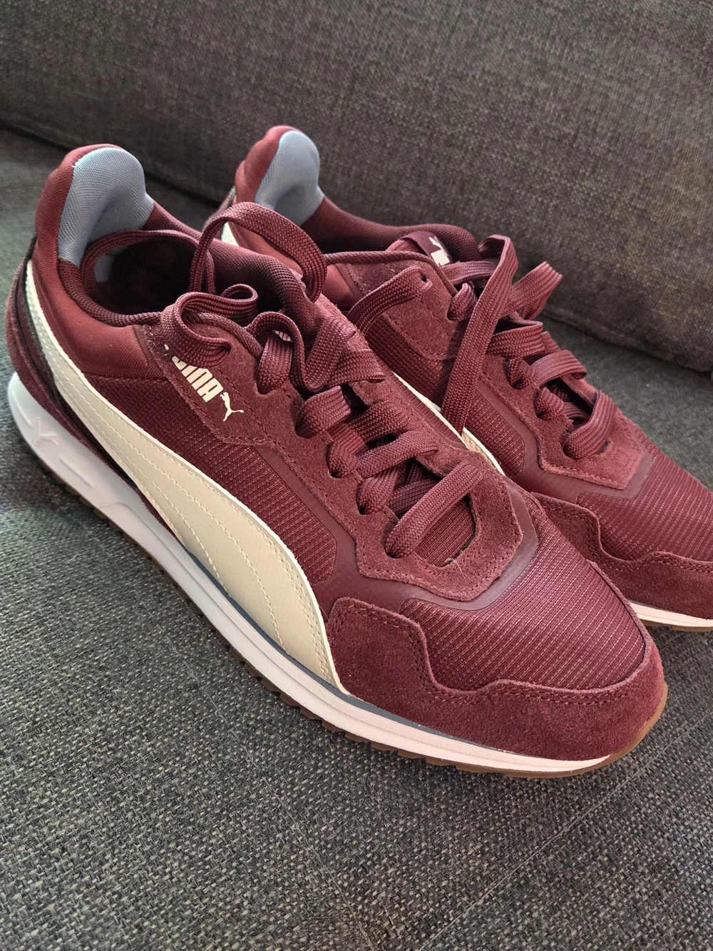 Puma Women's Burgundy Athletic Sneakers with Light Blue Heel Accent